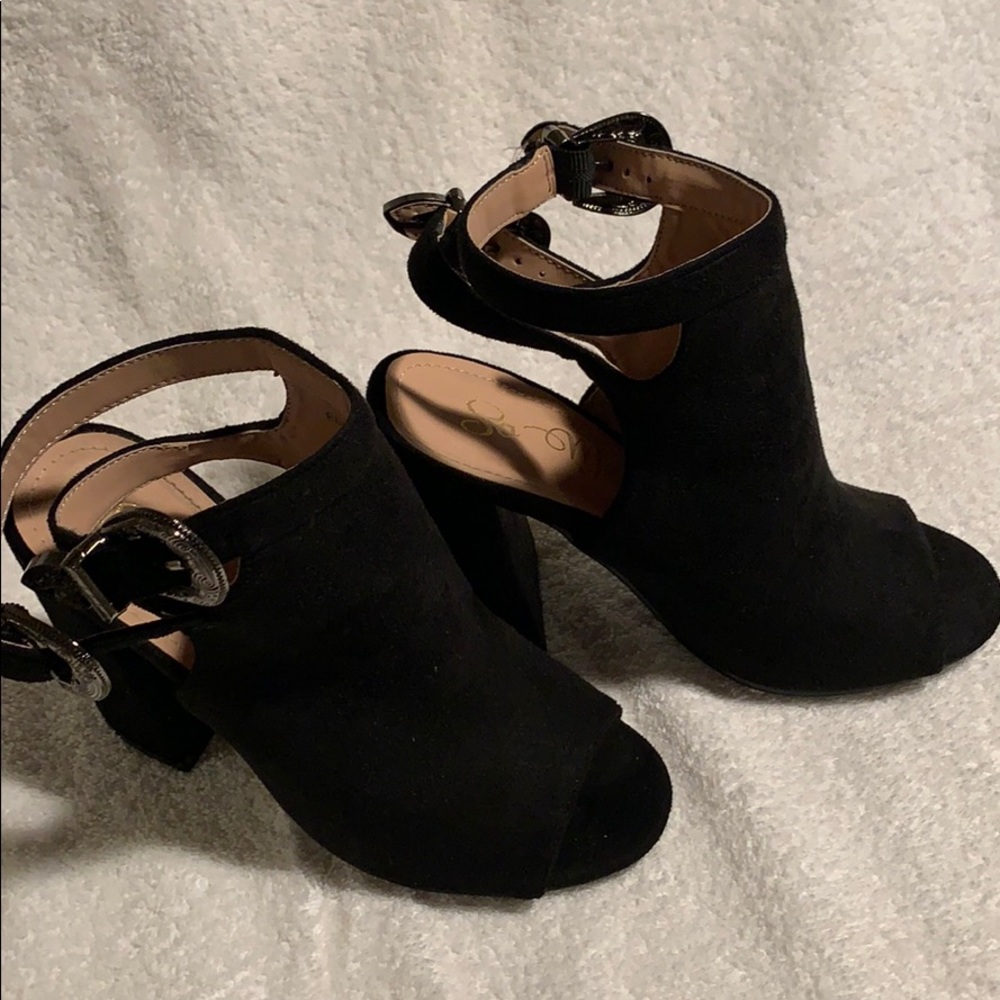 Black open back suede pumps